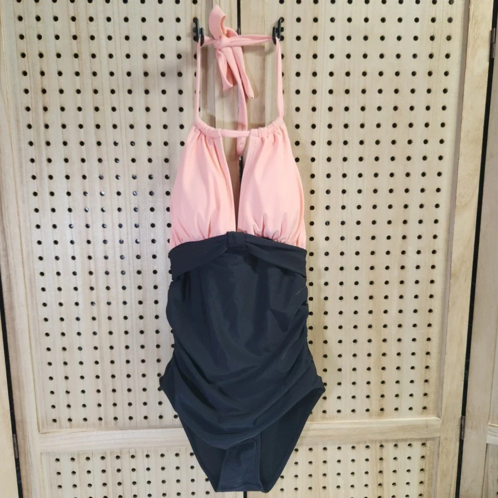 One Piece Swimsuit Women's Black and Pink Cut Out Halter Tie Neck Ruched S beach